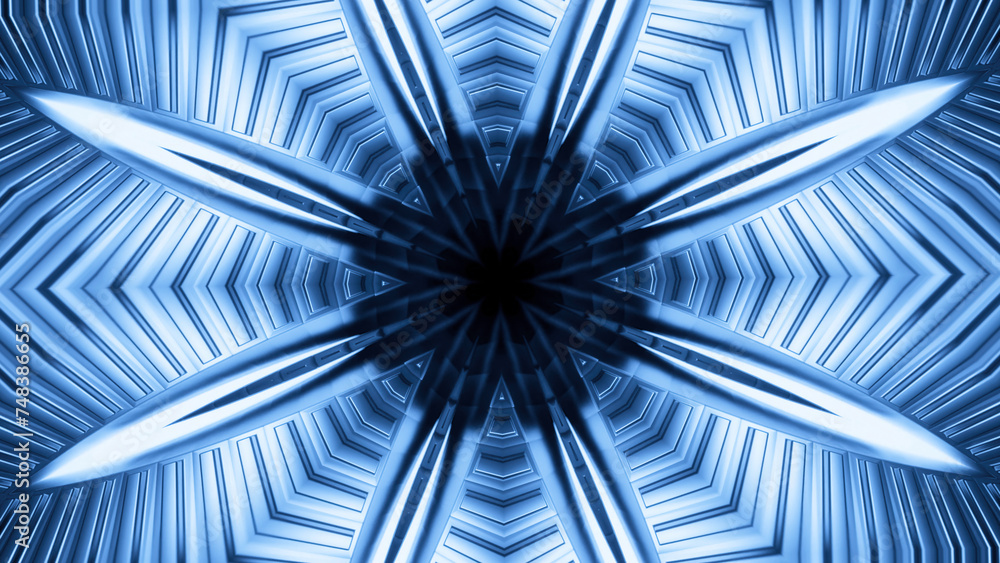 Poster sci-fi cosmic fractal geometric kaleidoscope. design. star shaped pattern creating effect of a tunne