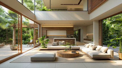 A modern home with minimalistic interior design, large glass windows with natural lights and tropical plants