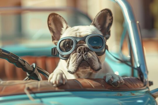 Humorous scene of a french bulldog enjoying a ride in a vintage pedal car Wearing goggles Epitomizing joy and carefree living