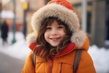 Portrait of cute little girl in warm clothes outdoors in winter.