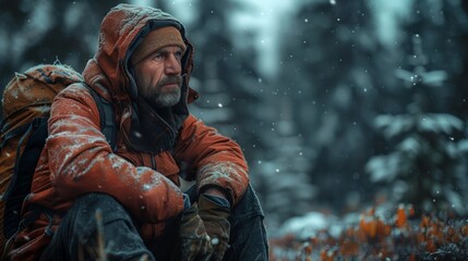 Obraz premium Man Sitting in Snow With Backpack