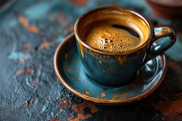 Foto op Plexiglas Cup of coffee on gold black background © ALI