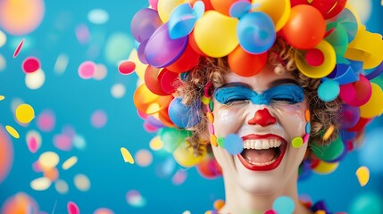 portrait of a woman in a carnival mask. April 1 Joyful April Fool's Day celebration: colorful cheerful clown, balloons