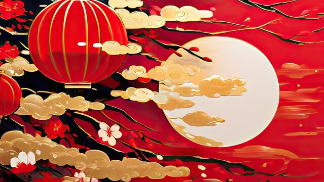 Abstract background with a vibrant red lantern, golden clouds, and blossoms under the full moon’s soft glow