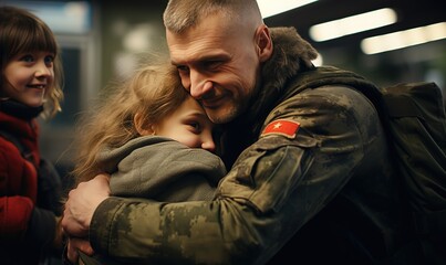 Smiling young girl hugging her father on the porch of their home.
