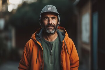 Portrait of a handsome bearded man in an orange jacket and cap.