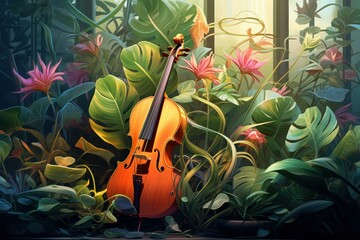 Relaxing Tropical nature music garden. Chair smile. Generate Ai