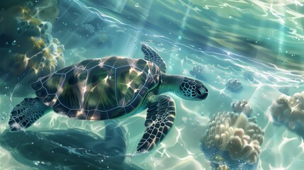 Fototapeta premium illustration of sea turtles swimming in crystal clear water generative ai