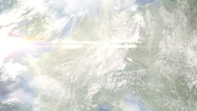 Earth zoom in from space and focus on Frankenthal, Germany. 3D Animation. Satellite view. Background for travel intro. Images from NASA