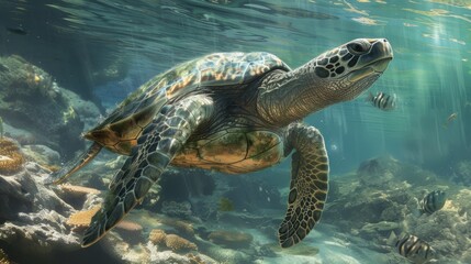 Obraz premium illustration of sea turtles swimming in crystal clear water generative ai