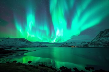 Naklejka premium Step into a world of celestial enchantment with a brilliant aurora borealis sky, where vibrant colors illuminate the heavens in a breathtaking display of natural beauty and cosmic wonder.