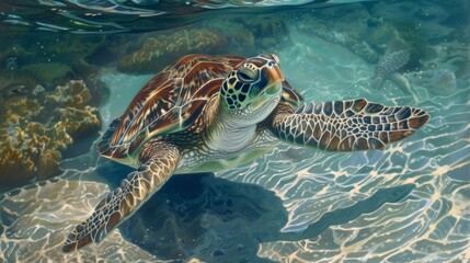 illustration of sea turtles swimming in crystal clear water generative ai