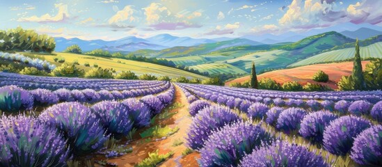 A painting depicting a lavender field with towering mountains in the background. The lavender...