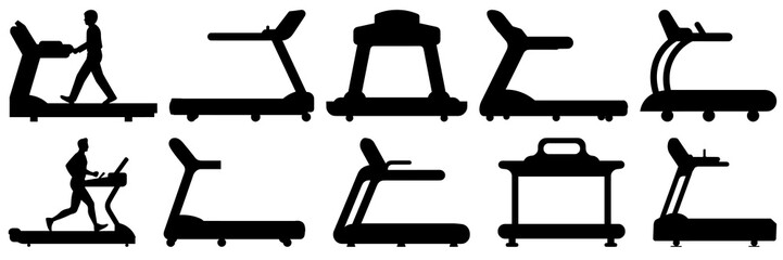 Gym fitness treadmill silhouettes set, large pack of vector silhouette design, isolated white background