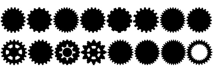 Gear silhouettes set, large pack of vector silhouette design, isolated white background