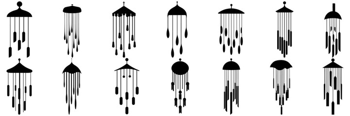 Windchime bell silhouettes set, large pack of vector silhouette design, isolated white background - obrazy, fototapety, plakaty