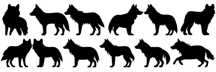 Wolf silhouettes set, large pack of vector silhouette design, isolated white background