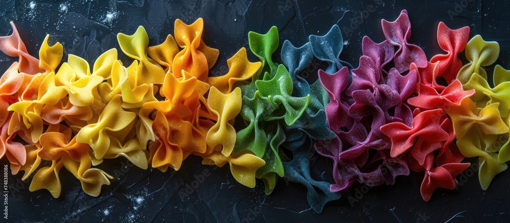 Poster a group of vibrant multicolored bows are neatly arranged on a black surface, creating a visually str