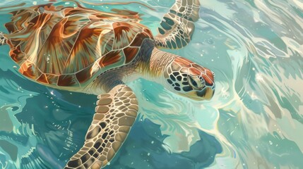 illustration of sea turtles swimming in crystal clear water generative ai