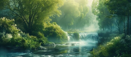 Fototapeta premium A depiction of a river meandering through a lush green forest, capturing the harmonious interaction between water and trees. The painting showcases the dynamic movement of the river cutting through