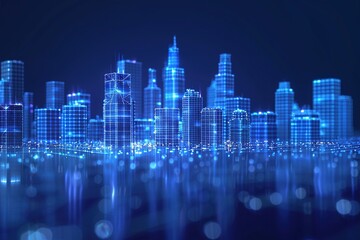 cityscape low poly wireframe on dark blue background concept modern city hi tech future city concept - obrazy, fototapety, plakaty