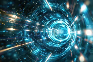 Obraz premium tunnel wormhole Blue Circles in Futuristic Abstract Space A dynamic blend of light, motion, and geometry creates a futuristic swirl of energy in this captivating illustration