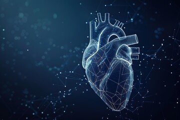 Heart low poly wireframe on blue background 3D rendering concept medical graphic element treatment medicine heart