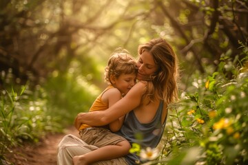 Tender Embrace of Mother and Child in Golden Hour Nature Setting