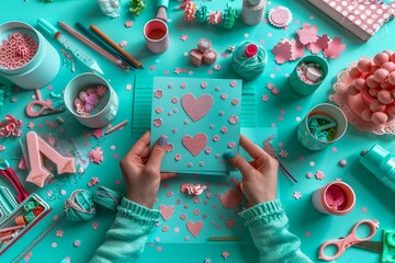 Creative Hands Crafting a Heart-Themed Greeting Card with Decorative Elements on Aqua Background