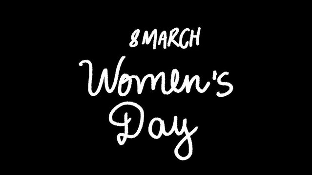 Texto animado de saludo de Feliz d&iacute;a internacional de la mujer para pancartas, redes sociales, fondos de pantalla. Animaci&oacute;n con fondo transparente. Canal Alpha. Texto animados sin fondo 8 de marzo