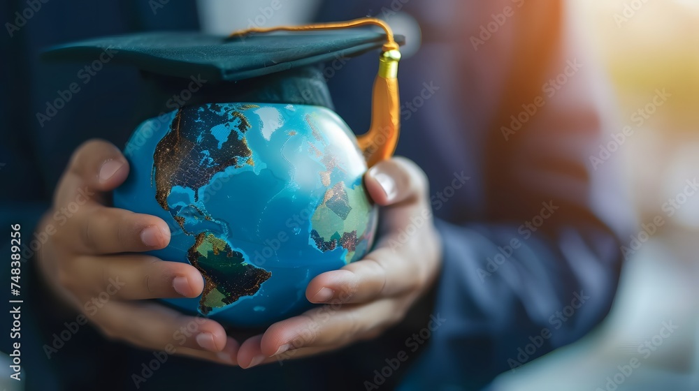 Wall mural Education in Global world, Graduation cap on Businessman holding Earth globe model map with Radar background in hands. Concept of global business study, abroad educational, Back to School. - Wall murals