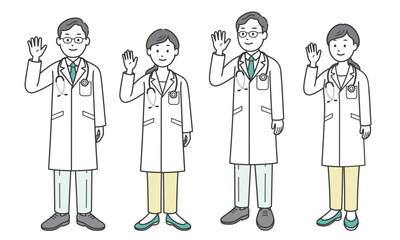 片手を上げる医師と看護師男女