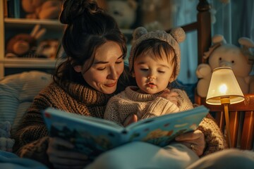Tender Moment of Motherhood with a Young Child Reading Together at Bedtime in Cozy Room Setting