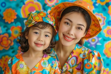 Cheerful Mother and Daughter Enjoying Time Together Wearing Matching Floral Outfits and Hats
