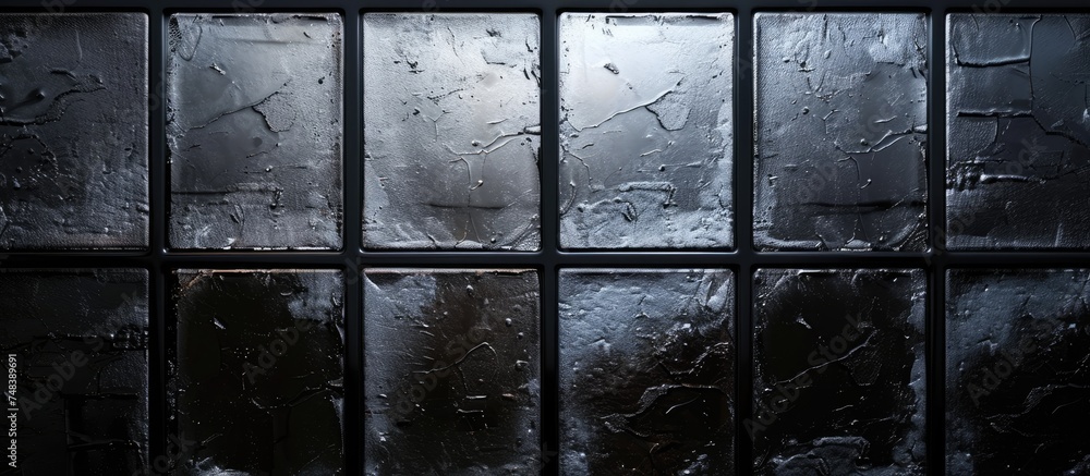 Poster a black and white photo of a frosted glass window against a sleek black background, creating a strik