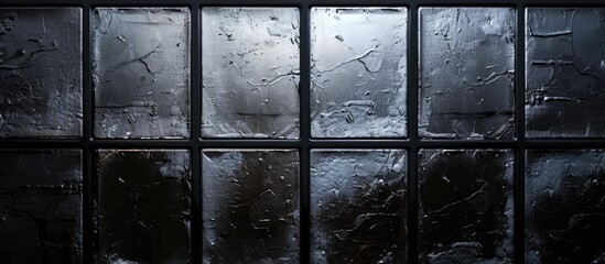 A black and white photo of a frosted glass window against a sleek black background, creating a striking visual contrast. The window patterns are distinctive and stand out boldly.