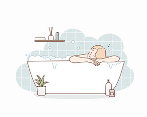 Naklejka premium Woman sitting in bathtub with bubble water for relaxation. Hand drawn style vector design illustrations.
