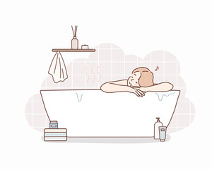  Woman sitting in bathtub with bubble water for relaxation. Hand drawn style vector design illustrations.