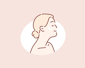 Side view of beautiful woman with cream on her cheek looking at something. Hand drawn style vector design illustrations.