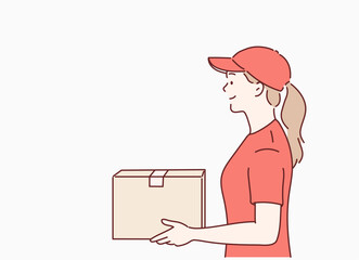 Delivery courer character woman with package parcel box. Hand drawn style vector design illustrations.