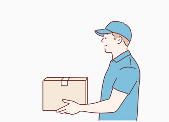 Delivery courer character man with package parcel box. Hand drawn style vector design illustrations.