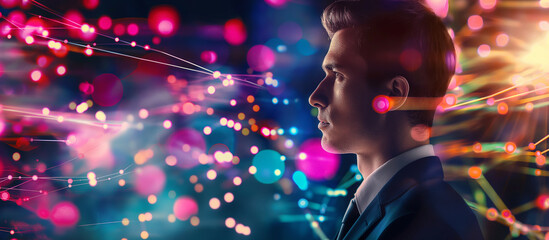 Businessman thinking of new ideas and solutions in his mind, standing in front of a digital, abstract background