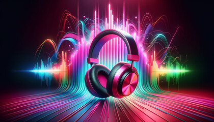 Vibrant Sound Waves and Headphones in a Neon Dreamscape