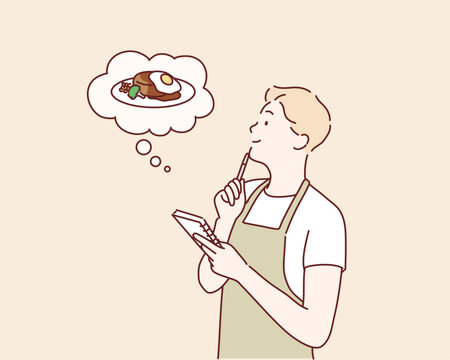 man thinking at kitchen. Hamburger. Hand drawn style vector design illustrations.