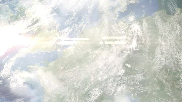 Earth zoom in from space and focus on Frechen, Germany. 3D Animation. Satellite view. Background for travel intro. Images from NASA