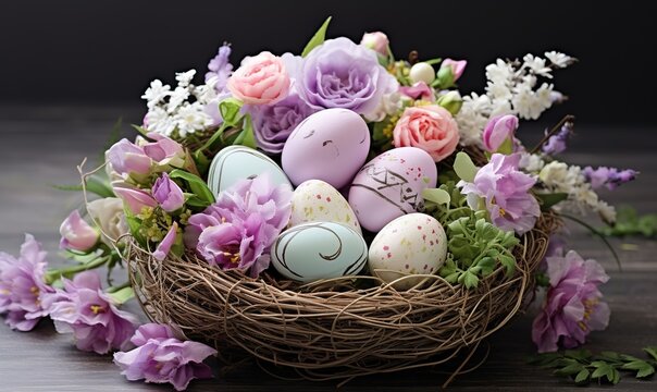 Festive Happy Easter. Colorful pastel hand painted decorated Easter eggs with spring flowers in basket