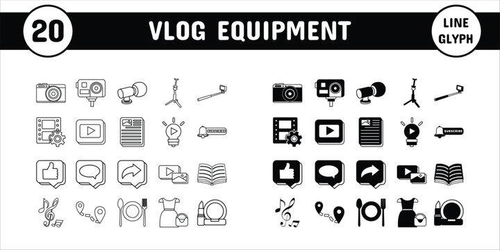 Vlog Equipment Line Glyph Vector Illustration Icon Sticker Set Design Materials