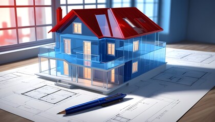 A blue transparent 3D model of a simple house with a red roof over architectural blueprint plans with a pen and pencil on the side - 748390453