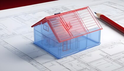 A blue transparent 3D model of a simple house with a red roof over architectural blueprint plans with a pen and pencil on the side - 748390471