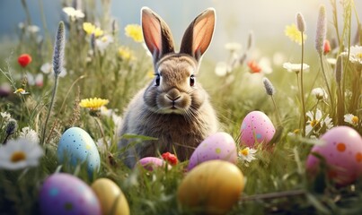 Cute Easter rabbit with decorated eggs and spring flowers on green spring landscape. Little bunny in the meadow. Happy Easter greeting card, banner,